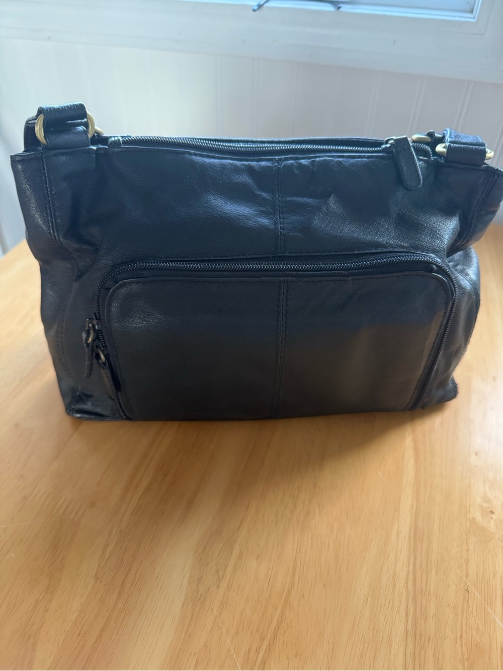Stone & Co. Black Faux Leather Shoulder Bag with Front Zip Pocket